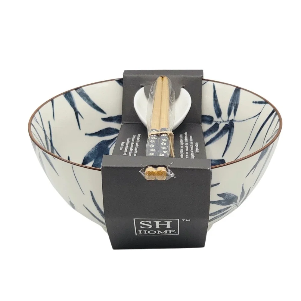 SH Home Blue Bamboo Ceramic Ramen Noodle Bowl 54oz With Chopsticks And Spoon 4pc